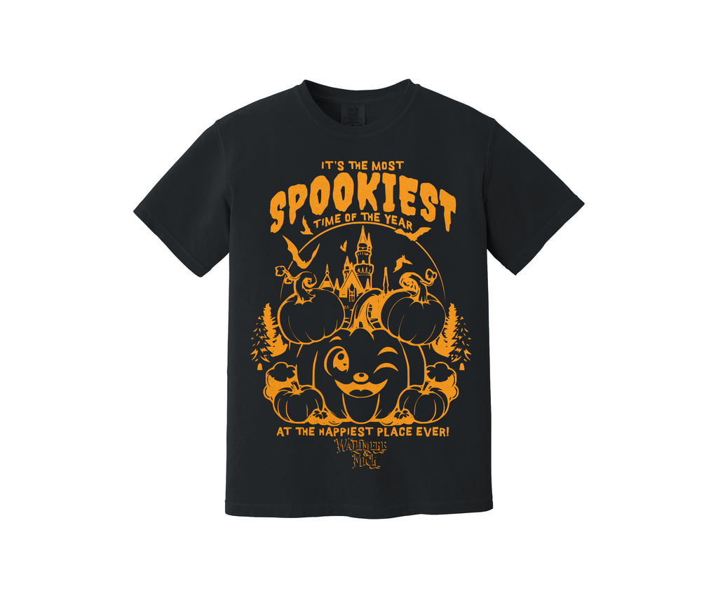 Mickey Mouse Pumpkin Disney Halloween Shirt black with orange print with Disneyland Castle and Bats
