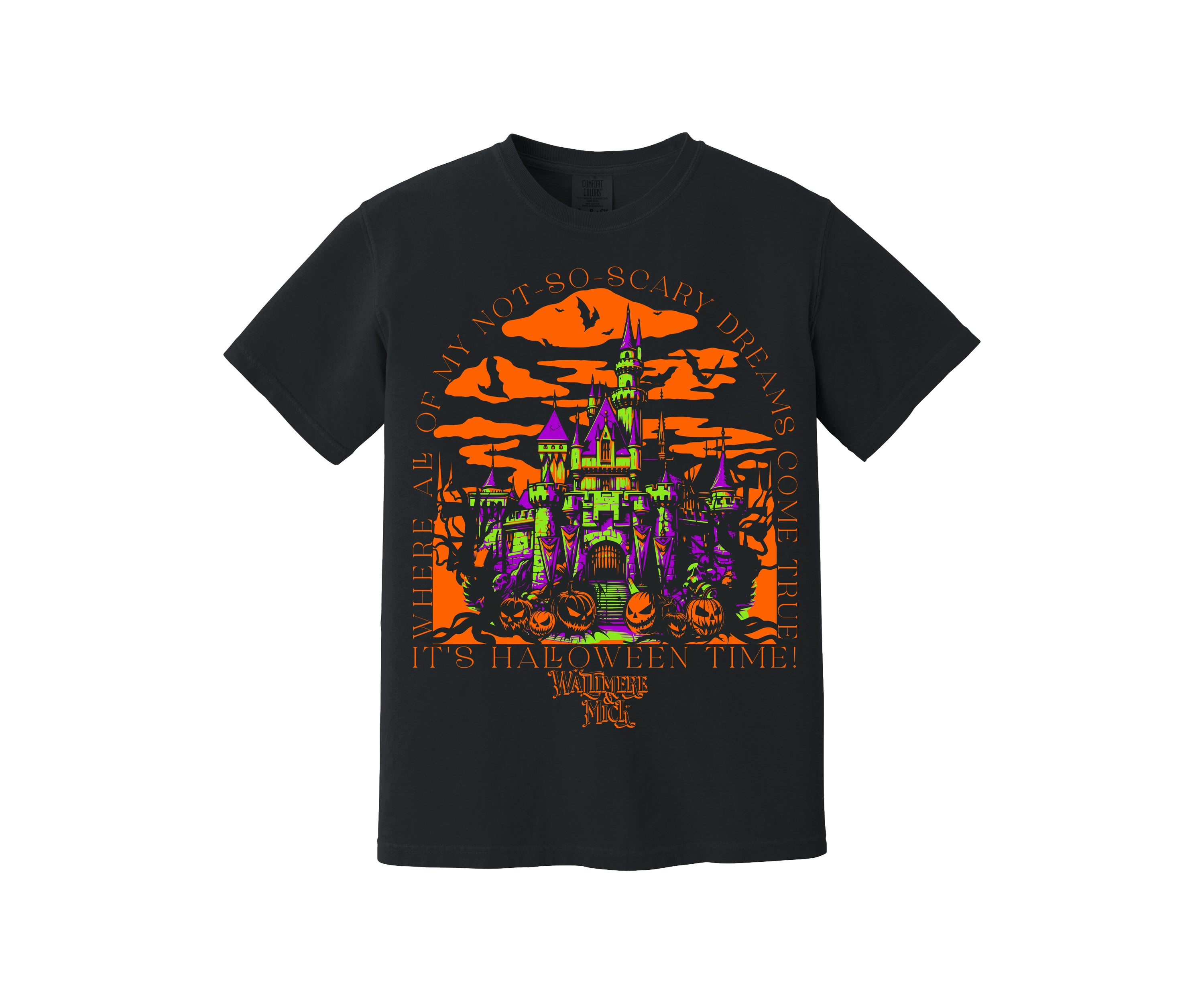 Spooky not-so-scary version of Disneyland park with Disneyland castle pumpkin and bats in a black tee with purple green and orange
