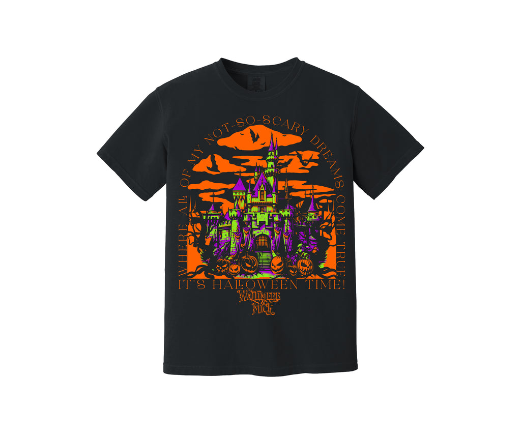 Spooky not-so-scary version of Disneyland park with Disneyland castle pumpkin and bats in a black tee with purple green and orange
